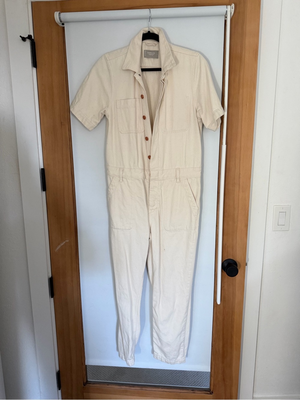 Everlane size 6 denim Woven Short-Sleeve Cotton Jumpsuit in Cream